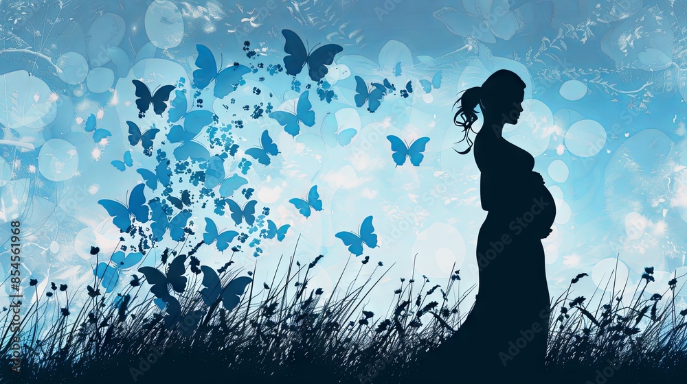 Silhouette of a pregnant woman adorned with glowing butterflies Silhouette of a pregnant woman adorned with glowing butterflies