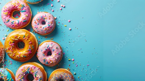 Brightly glazed donuts with assorted toppings, set against a trendy blue background, vibrant and appealing composition