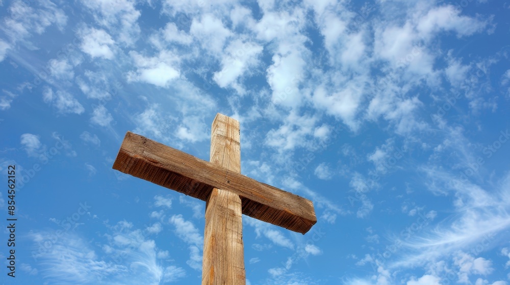 Christian wooden cross, blue sky backdrop, scattered clouds, viewed from below, deep sense of faith and spirituality, calm and reflective Christian wooden cross, blue sky backdrop, scattered clouds, viewed from below, deep sense of faith and spirituality, calm and reflective