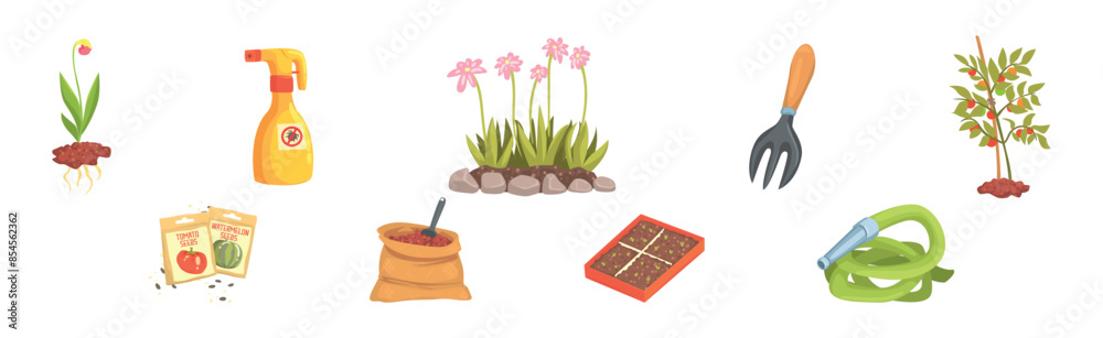 Garden Tools and Object for Plant Cultivation Vector Set Garden Tools and Object for Plant Cultivation Vector Set