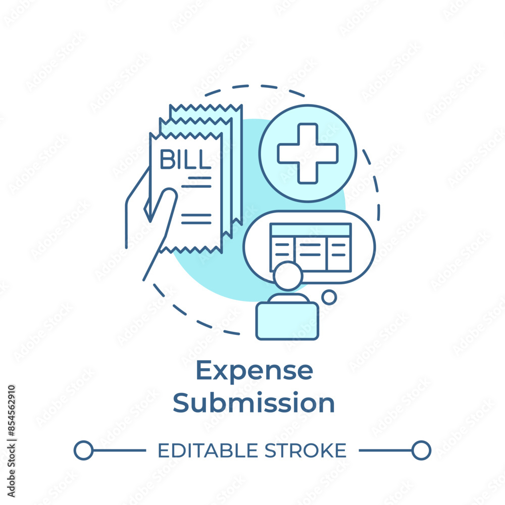 Expense submission soft blue concept icon. Cost control, billing receipt. Transaction documentation. Round shape line illustration. Abstract idea. Graphic design. Easy to use in infographic Expense submission soft blue concept icon. Cost control, billing receipt. Transaction documentation. Round shape line illustration. Abstract idea. Graphic design. Easy to use in infographic