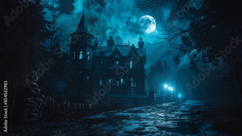 Haunted house or abandoned horror haunted house in fog. Old mystical city in a forest of dead trees. Trees at night under the moon. Halloween horror concept.
