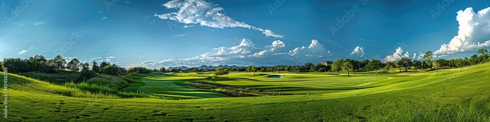 Fototapeta premium The Villages Golf Landscape Panorama Over Green Grass Field in Florida