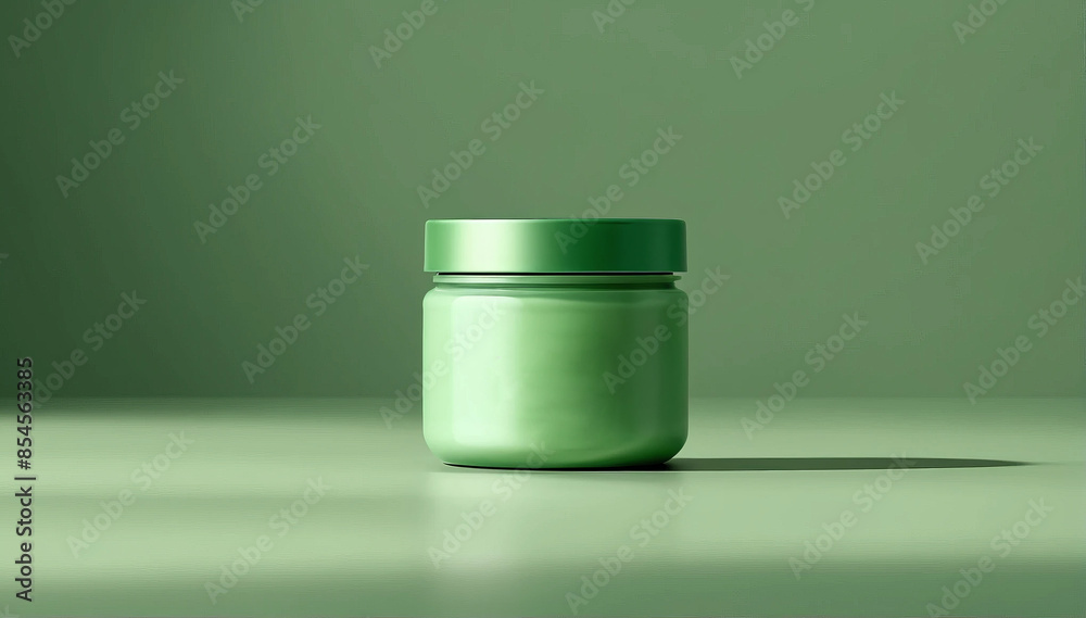 Realistic jar with a product photo with an empty space for text, green color, studio lighting, a place to copy Realistic jar with a product photo with an empty space for text, green color, studio lighting, a place to copy