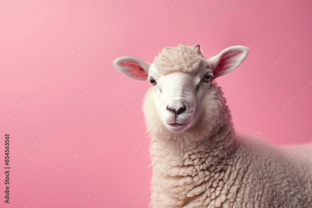 Fototapeta premium sheep on pastel pink background with copy space for text