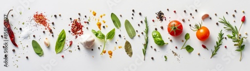 kitchen utensils, vegetables, spices and others arranged on white background
