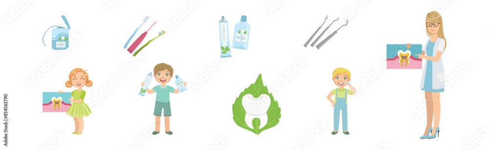 Oral Care and Mouth Hygiene with Kid Character and Tool Vector Set Oral Care and Mouth Hygiene with Kid Character and Tool Vector Set