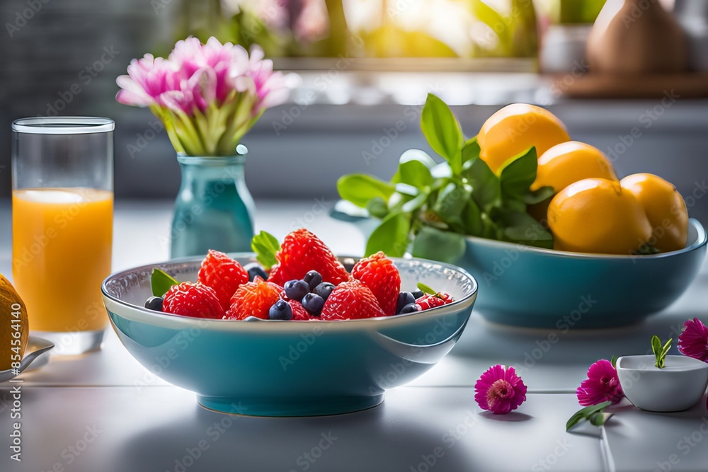 Inviting kitchen setting adorned with fresh flowers during breakfast. Inviting kitchen setting adorned with fresh flowers during breakfast.