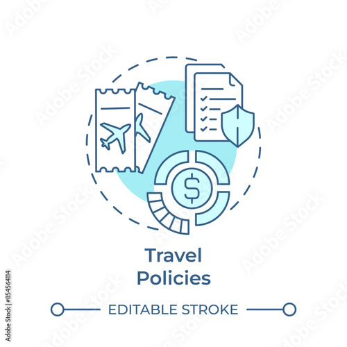 Travel policies soft blue concept icon. Airplane tickets, boarding pass. Spend management. Round shape line illustration. Abstract idea. Graphic design. Easy to use in infographic, presentation