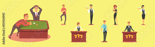 People Character Gambling at Casino Isolated on Yellow Background Vector Set