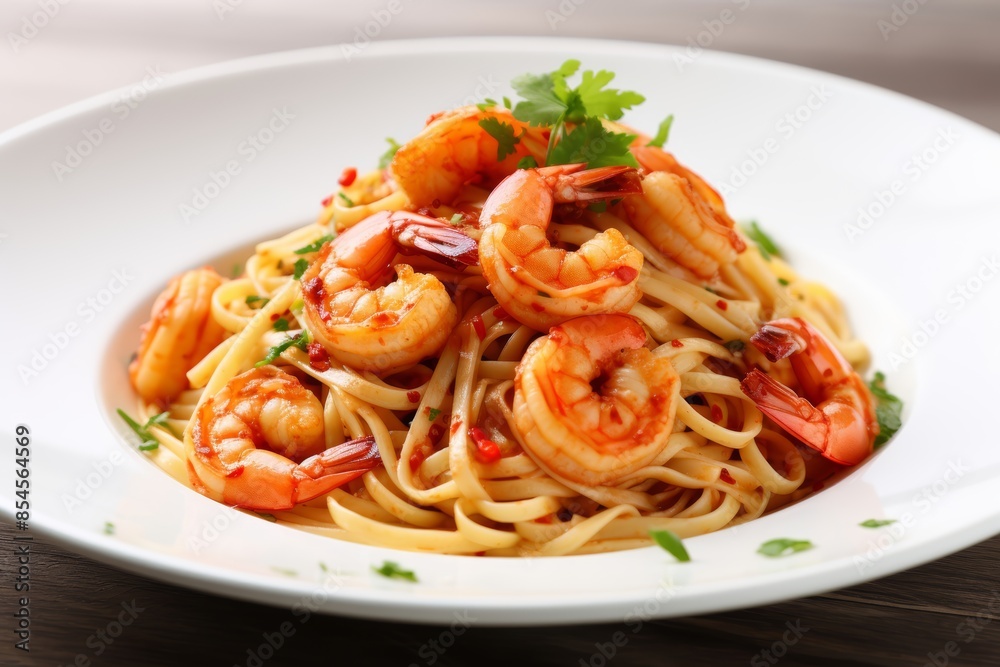 A sweet and spicy Cajun shrimp pasta on a white plate A sweet and spicy Cajun shrimp pasta on a white plate
