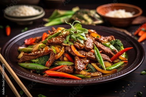 Sweet and spicy ginger beef stir-fry with vegetables © Hanna Haradzetska