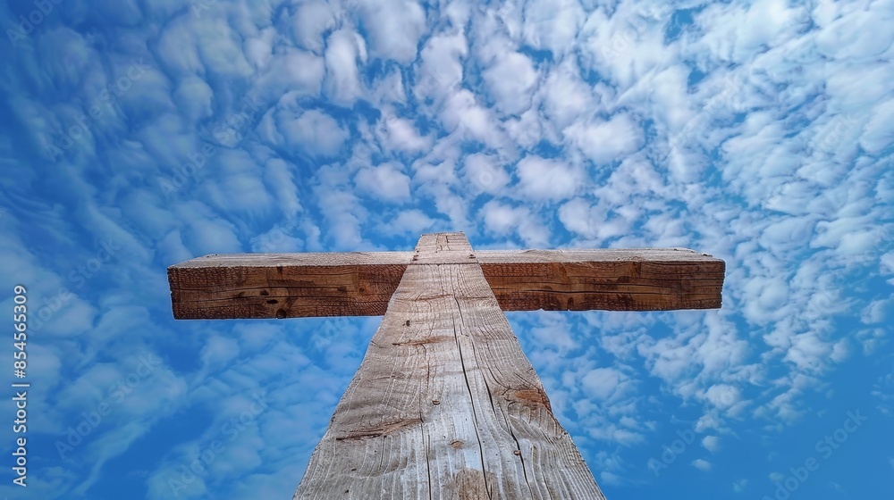 Fototapeta premium Cross made of wood, viewed from below against a blue sky with scattered clouds, evokes faith and spirituality, serene ambiance