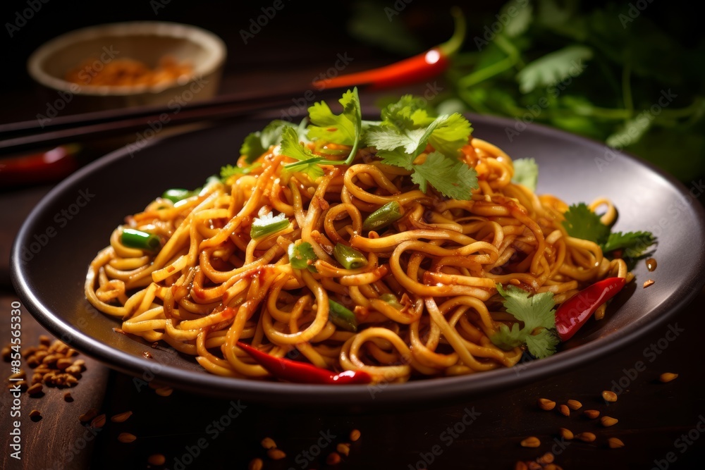 Sweet and spicy peanut noodles with cilantro garnish Sweet and spicy peanut noodles with cilantro garnish