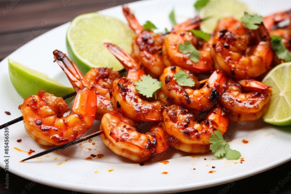 Sweet and spicy shrimp skewers on a white plate with lime wedges Sweet and spicy shrimp skewers on a white plate with lime wedges