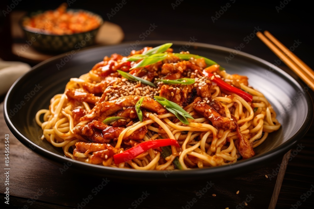 Sweet and spicy Szechuan noodles with chopsticks Sweet and spicy Szechuan noodles with chopsticks