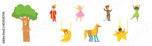 Funny Kids Actors in Theater Costumes Showing Performance Vector Set