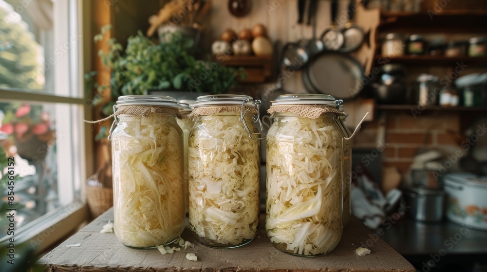 Fermenting sauerkraut, glass jars with shredded cabbage, traditional preservation, cozy and rustic kitchen atmosphere Fermenting sauerkraut, glass jars with shredded cabbage, traditional preservation, cozy and rustic kitchen atmosphere