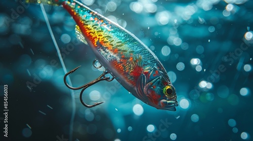 Fake fishing bait on a hook, vibrant and shiny, realistic textures, underwater view, dynamic and detailed photo