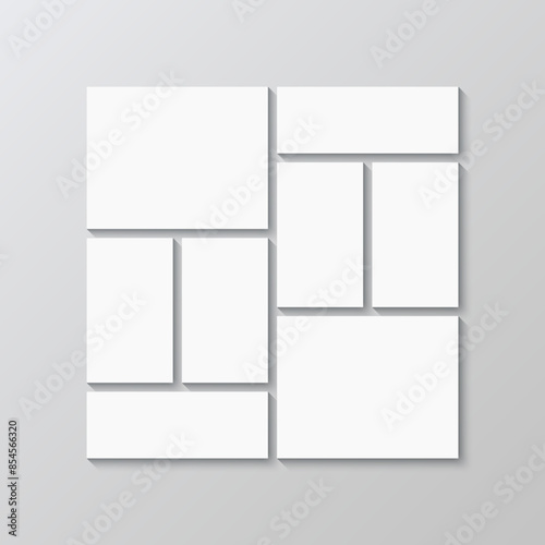 Square photo collage mockup. Portfolio images layout. Mosaic pictures frame. Album brandboard grid. Moodboard template. Retro gallery banner. Vector illustration. Combination background