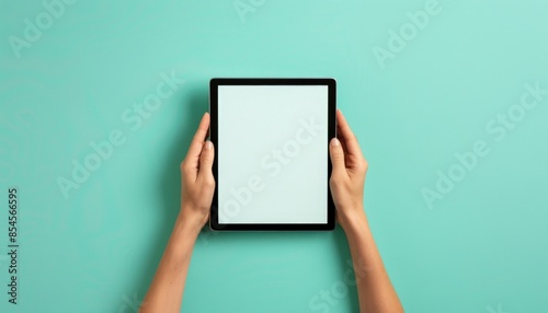 hands holding a tablet with a blank white screen - top view product mockup template