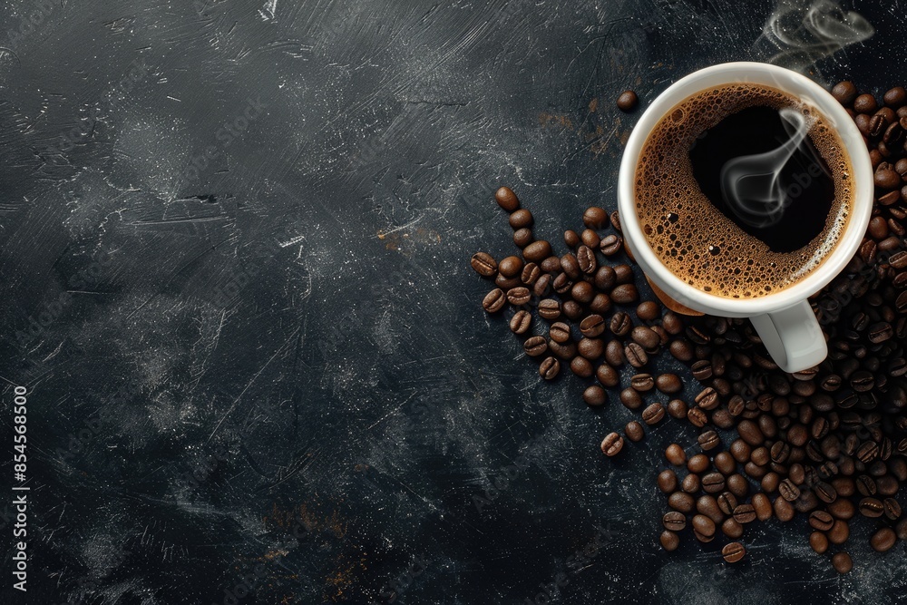 Cup of coffee and beans on black and white background, top view. Space for text Cup of coffee and beans on black and white background, top view. Space for text