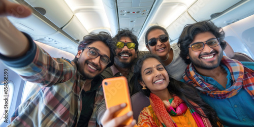 Ground of friends doing selfie sitting together on airplane, smiling widely and enjoying travel experience. They are seated in a row with blue seats, a moment of happiness during student trip