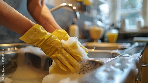 Hands in yellow gloves cleaning kitchen sink, soapy bubbles, stainless steel sink shining, detailed and clean scene photo
