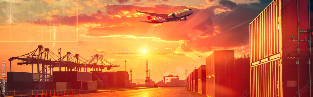 A cargo plane takes off against a fiery sunset, silhouetted by the towering cranes of a busy shipping port filled with cargo containers A cargo plane takes off against a fiery sunset, silhouetted by the towering cranes of a busy shipping port filled with cargo containers