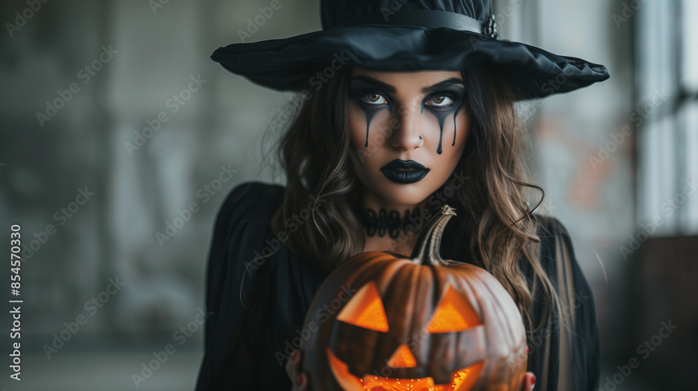 Woman wearing halloween black scary costume with hat and holding Jack-o-lantern pumpkin