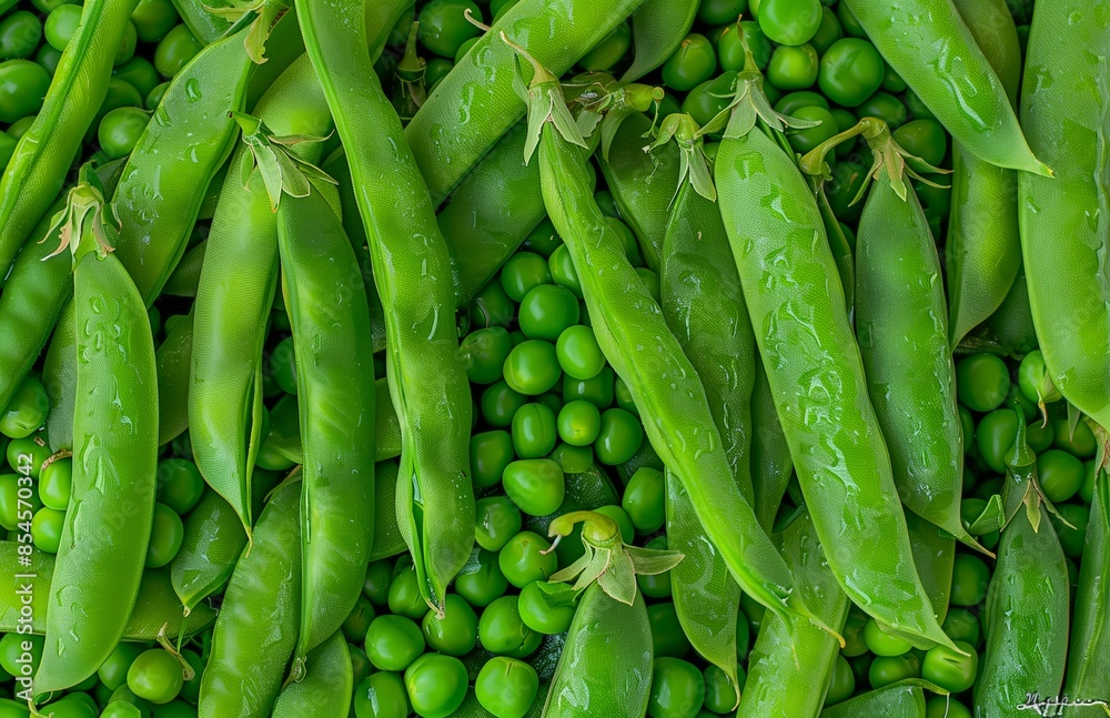 A pile of fresh green peas, neatly arranged, perfect for cooking or as a vegetable side dish A pile of fresh green peas, neatly arranged, perfect for cooking or as a vegetable side dish