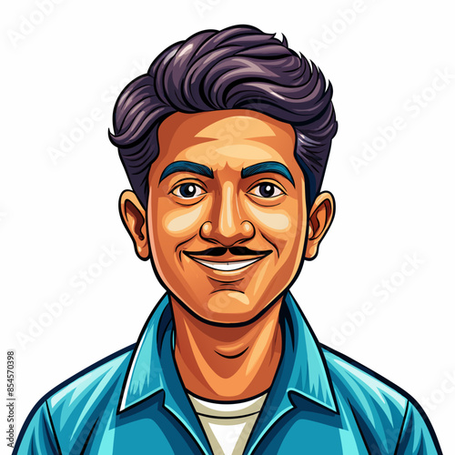 Avatar of a smiling indian man on a white background. His head and body face forward. He is dressed casually.