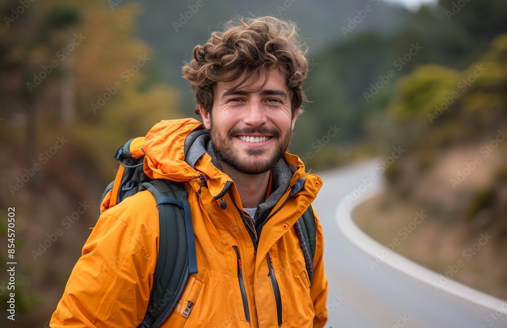A cheerful man in an orange jacket stands on a road amidst lush greenery A cheerful man in an orange jacket stands on a road amidst lush greenery