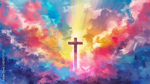 A digital illustration depicting a wooden cross rising above a vibrant, colorful sky © Anoo