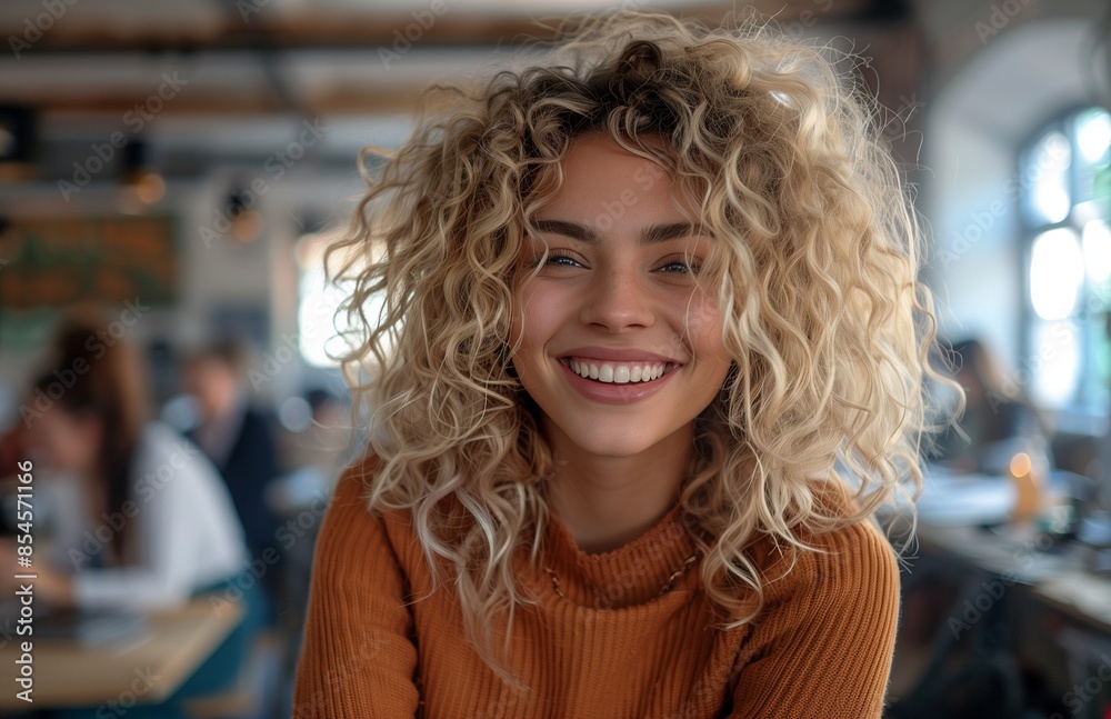 Close-up of laughing curly blonde woman in office, with blurred people working in background Close-up of laughing curly blonde woman in office, with blurred people working in background