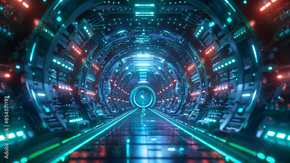 Geometric shapes of neon green and blue form a digital tunnel Geometric shapes of neon green and blue form a digital tunnel