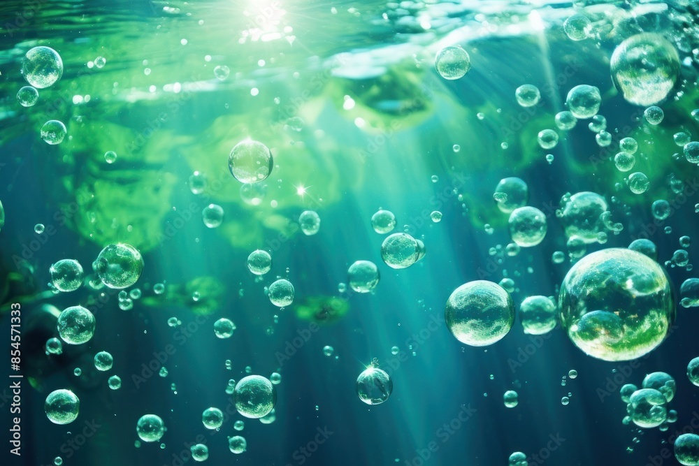 Bubbles and bokeh underwater green backgrounds outdoors.