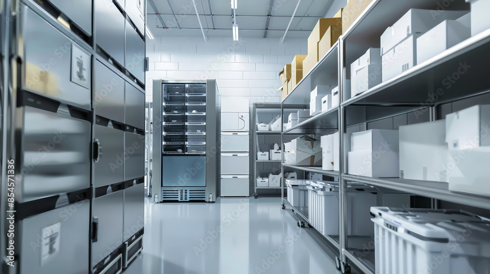 A sterile, brightly lit industrial refrigerated room with rows of stainless steel freezers and shelves filled with white storage containers A sterile, brightly lit industrial refrigerated room with rows of stainless steel freezers and shelves filled with white storage containers