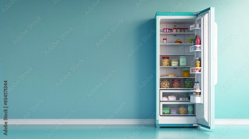 A turquoise refrigerator stands against a matching wall, its door slightly ajar revealing neatly organized shelves stocked with various food items A turquoise refrigerator stands against a matching wall, its door slightly ajar revealing neatly organized shelves stocked with various food items