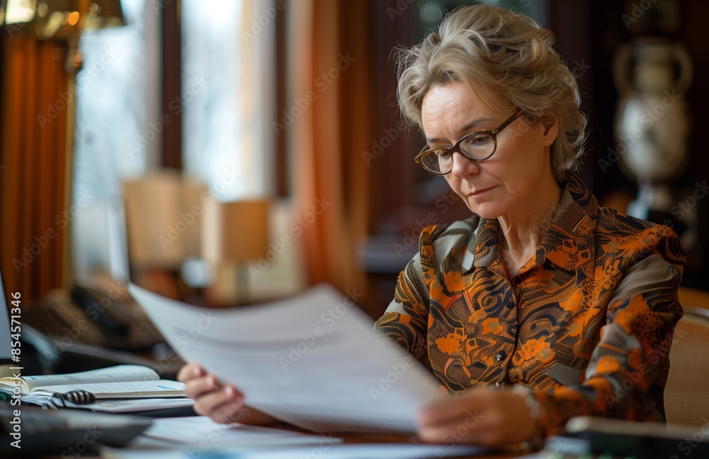 Middle aged female financial manager reviewing documents at her office desk. Middle aged female financial manager reviewing documents at her office desk.