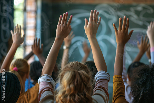 Classroom with diverse students raising their hands