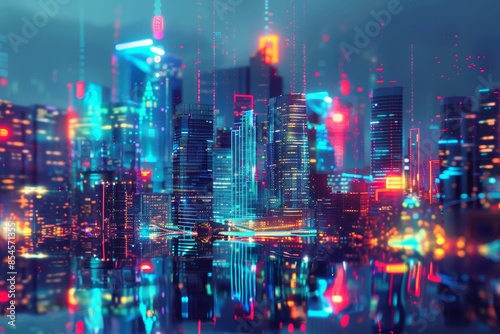 Futuristic cityscape blending digital and virtual reality elements in an abstract, artistic interpretation