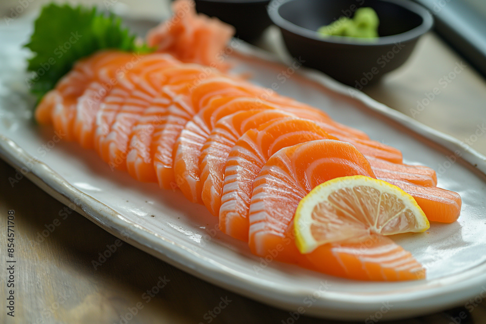 sliced Salmon with parsley leaf And lemon on white background sliced Salmon with parsley leaf And lemon on white background