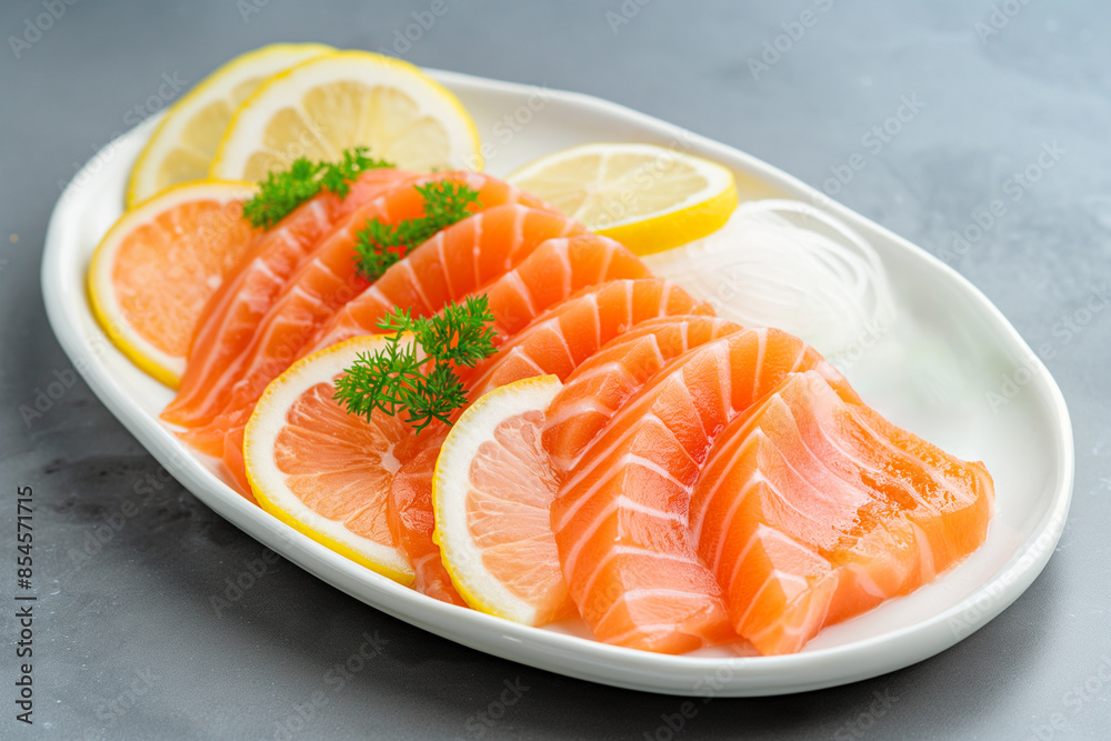 sliced Salmon with parsley leaf And lemon on white background sliced Salmon with parsley leaf And lemon on white background