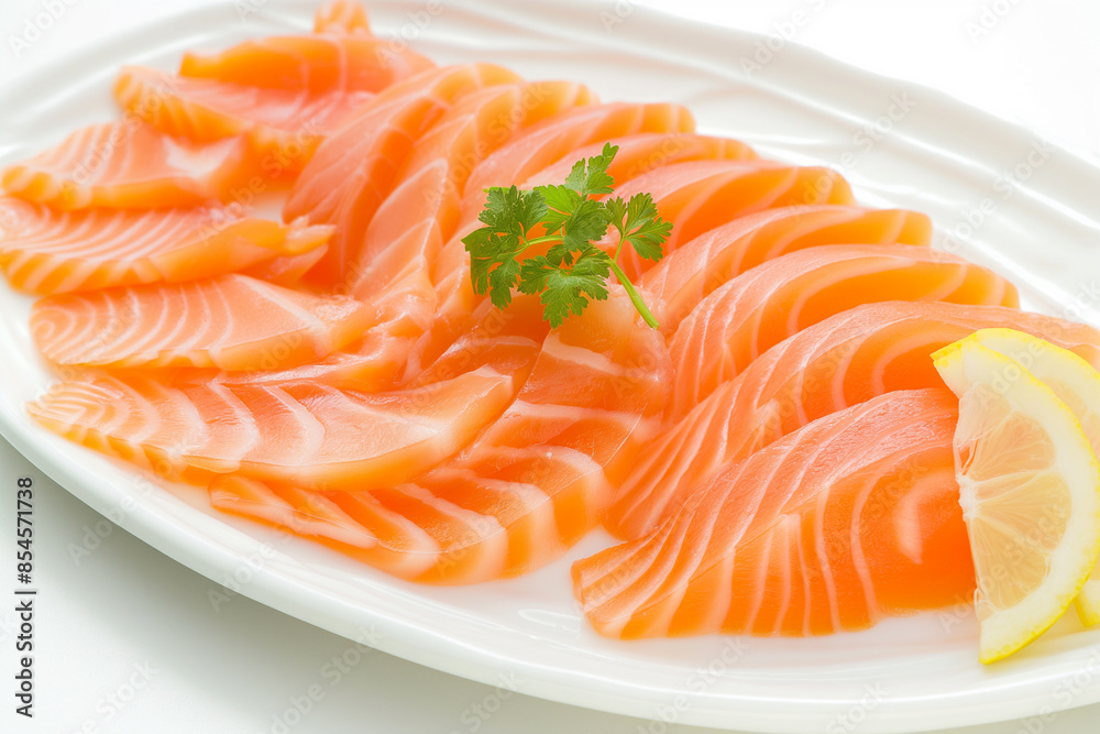 sliced Salmon with parsley leaf And lemon on white background sliced Salmon with parsley leaf And lemon on white background