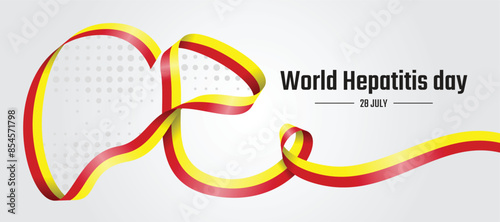 World Hepatitis Day - Long red and yellow ribbon awareness rolling to liver shape and dot texture vector design