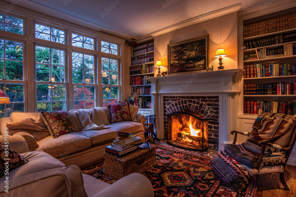 Cozy living room with a fireplace bookshelves Cozy living room with a fireplace bookshelves