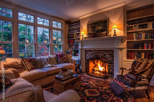 Cozy living room with a fireplace bookshelves © Daniel