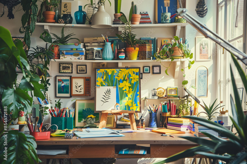 Creative workspace with art supplies sketchbooks Creative workspace with art supplies sketchbooks