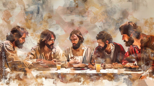 A painting depicting a scene from the Last Supper, showcasing five figures gathered around a table, sharing bread and reflecting on the moment photo